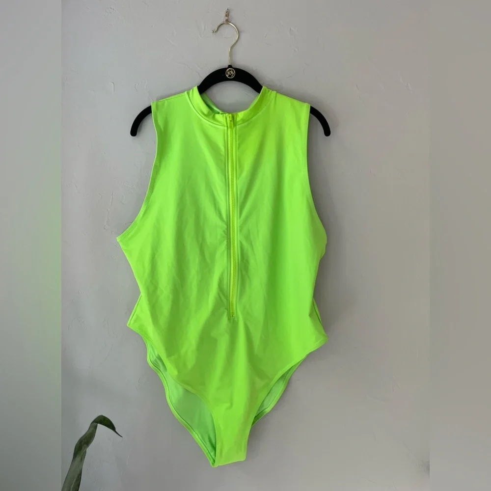 💚SKIMS SIGNATURE SWIM ZIP FRONT SLEEVELESS SWIMSUIT NEON GREEN 4X